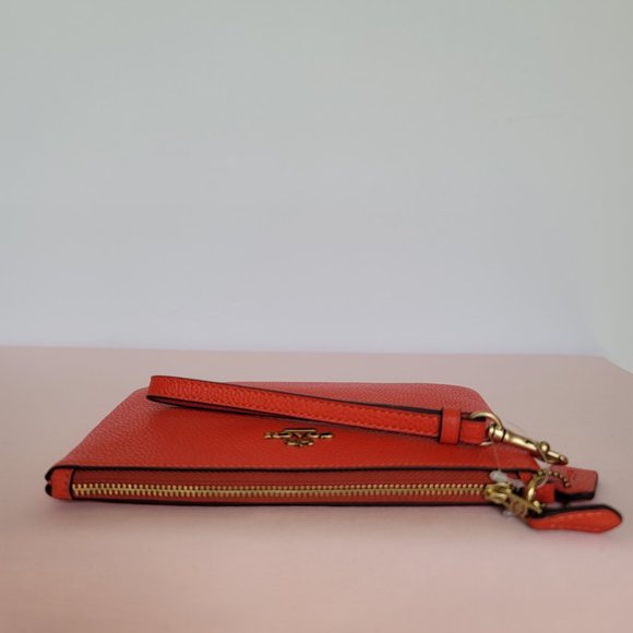 COACH Small Wristlet in Polished Pebbled Leather -Red Orange - Picture 9 of 16